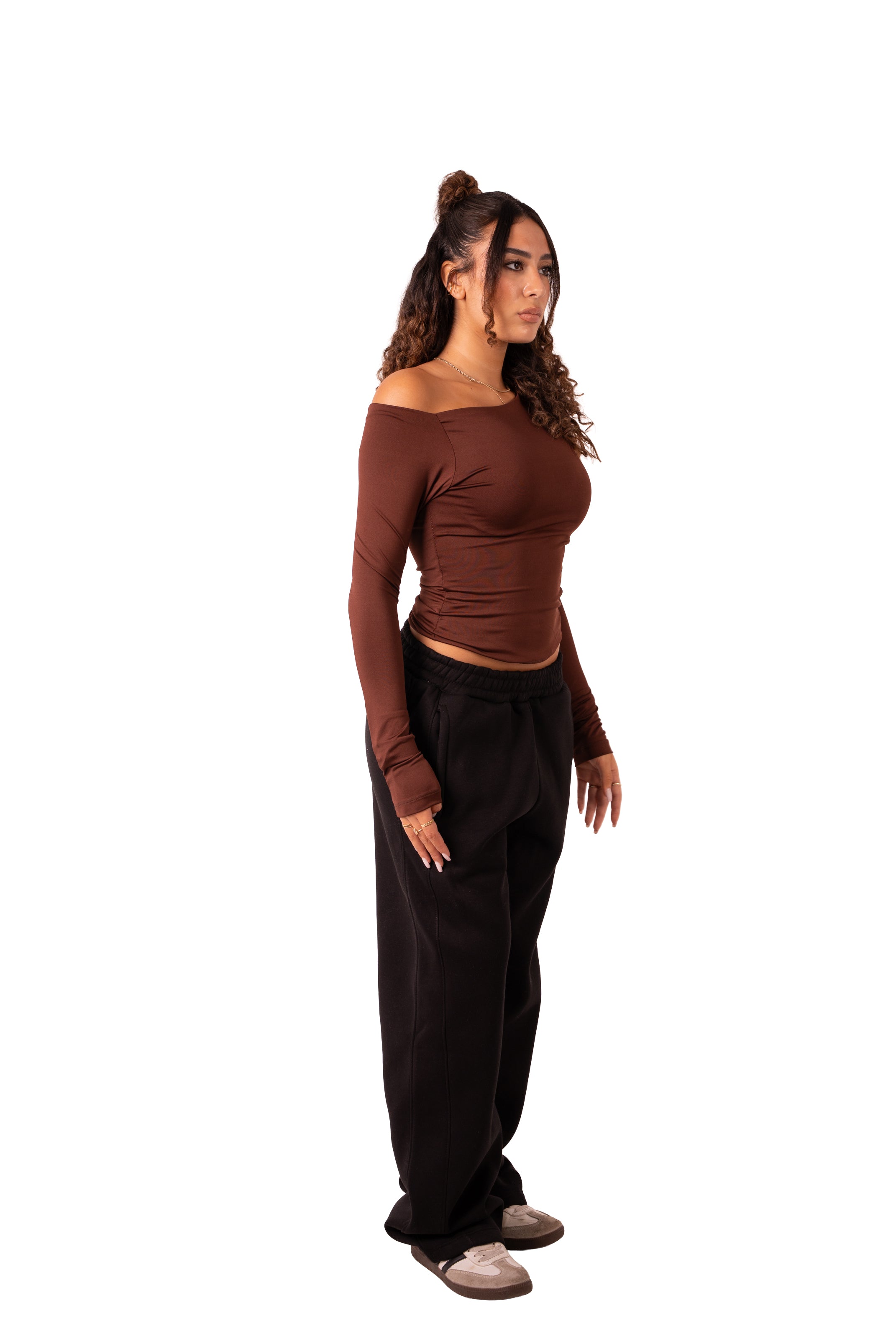Asymmetrical Off-Shoulder Top - Brown